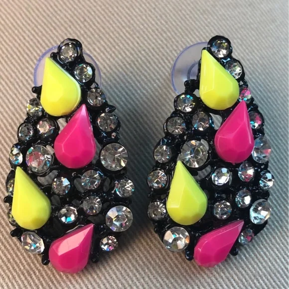 Vintage 80s Neon Rhinestone Teardrop Earrings - Picture 2 of 3